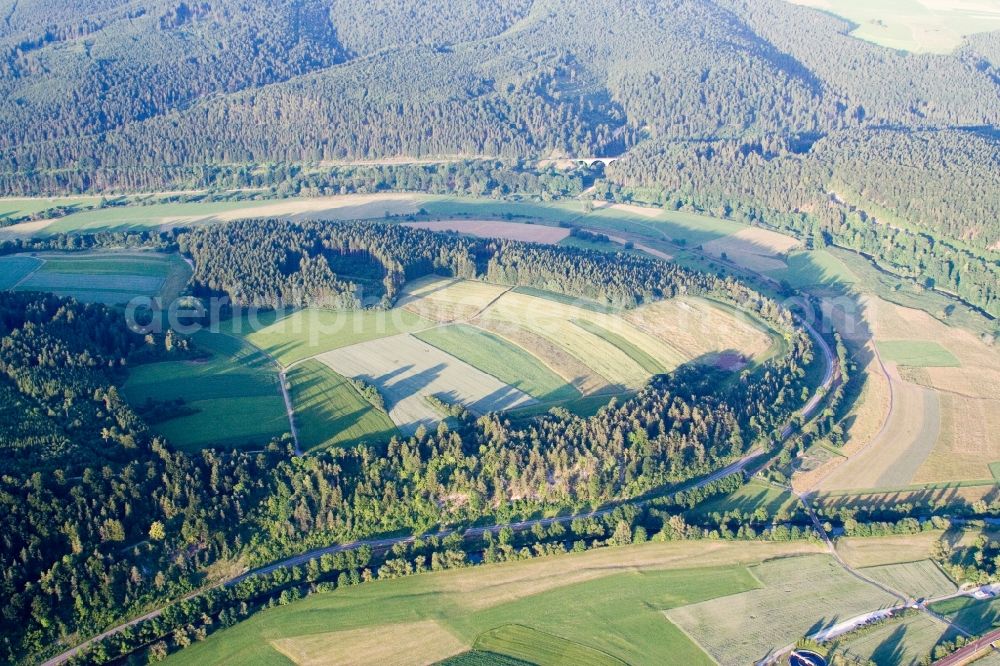 Tuttlingen from above - Curved loop of the riparian zones on the course of the river of the river Danube in Tuttlingen in the state Baden-Wuerttemberg