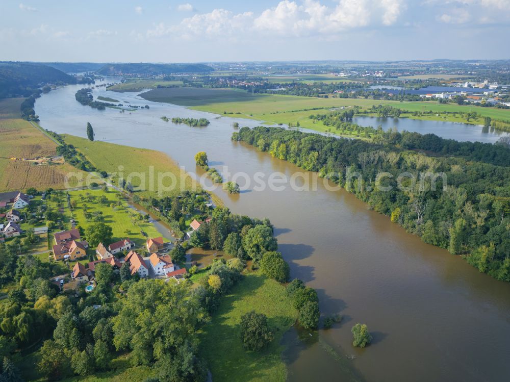 Scharfenberg from above - Banks of the river Elbe during flooding in Gauernitz in the federal state of Saxony