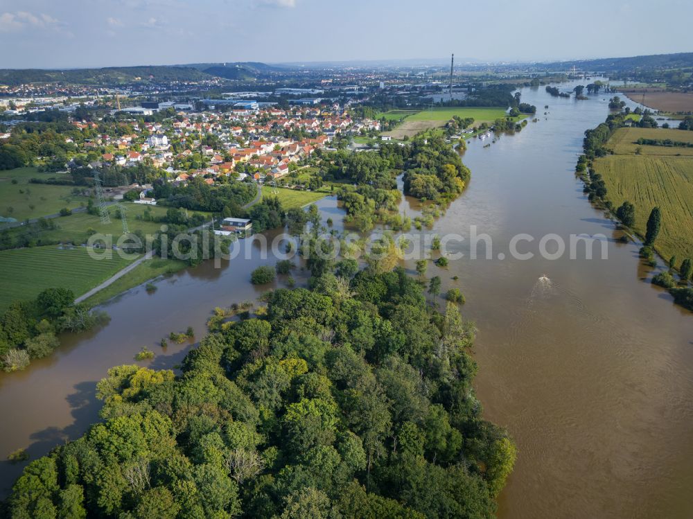 Aerial image Scharfenberg - Banks of the river Elbe during flooding in Gauernitz in the federal state of Saxony