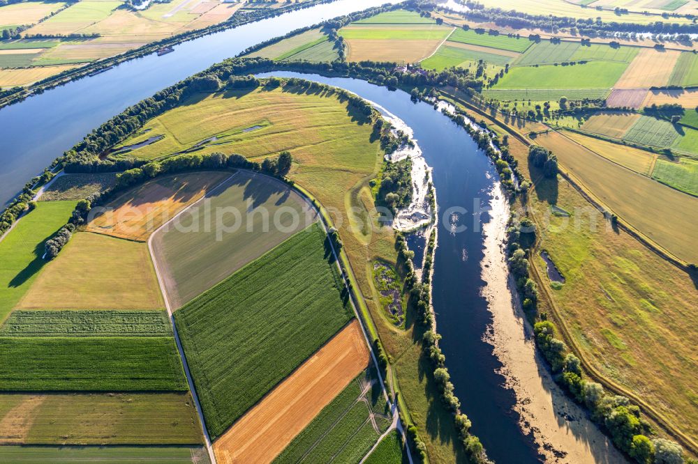 Straubing from above - Curved loop Oeberauer Donauschleife on the course of the river Danube in the district Oeberau in Straubing in the state Bavaria, Germany