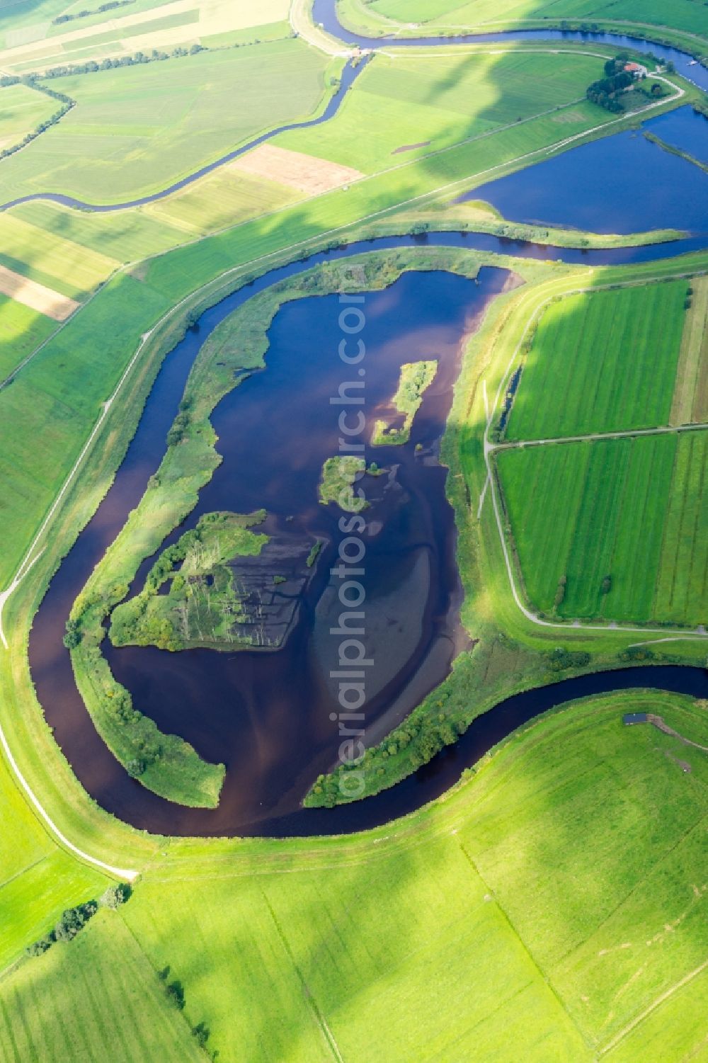 Estorf from above - Waterside of the floodwater meadows on the river Oste near Estorf in the state of Lower Saxony, Germany