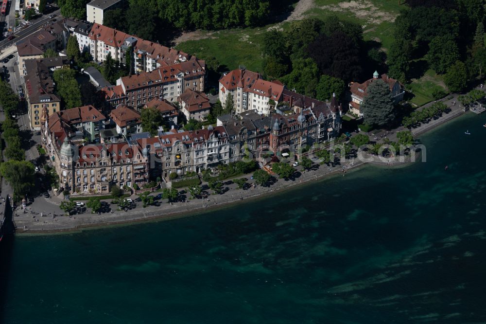 Konstanz from above - Riparian areas on the lake area of Bodensee on Seestrasse in Konstanz at Bodensee in the state Baden-Wuerttemberg, Germany