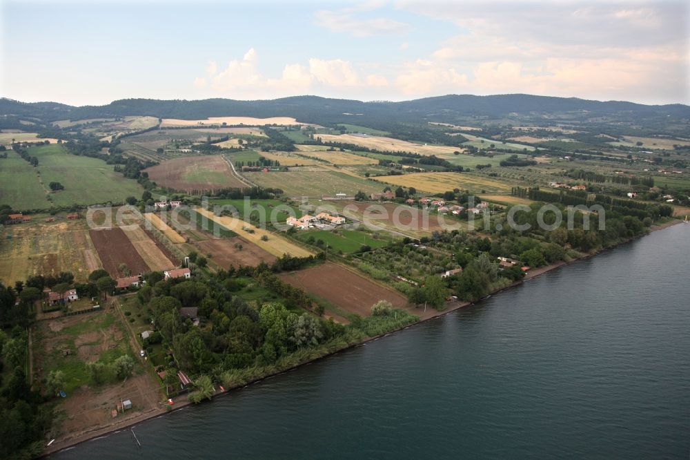 Val di Lago from the bird's eye view: Shore areas of Lake Bolsena in Val di Lago in Latium in Italy. It is characterized by farms and facilities of tourism