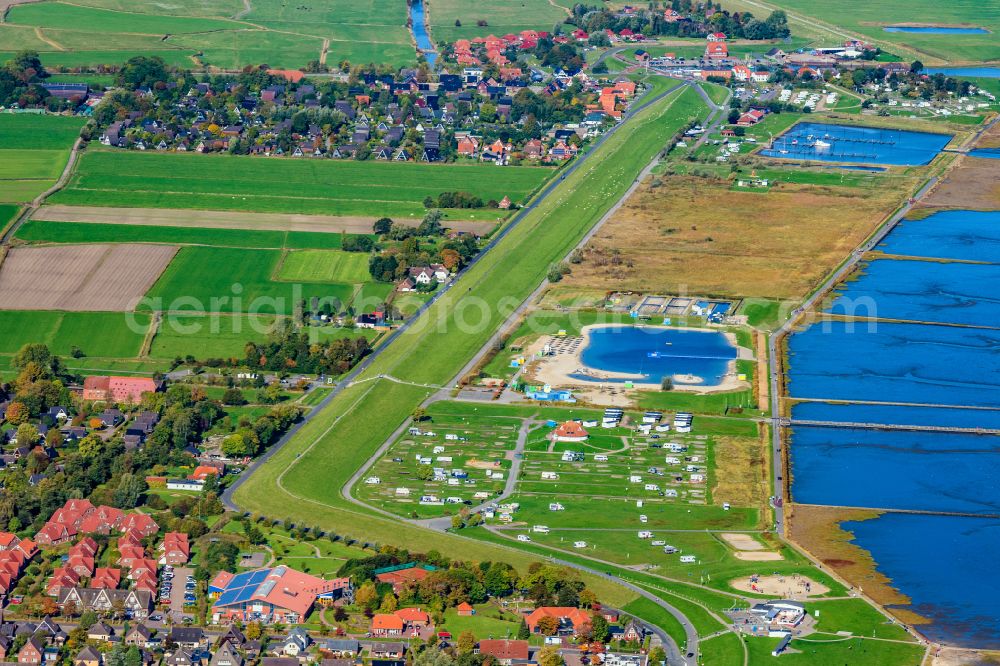 Butjadingen from the bird's eye view: Beach areas on the Burhave Badelagune in Butjadingen in the state Lower Saxony, Germany