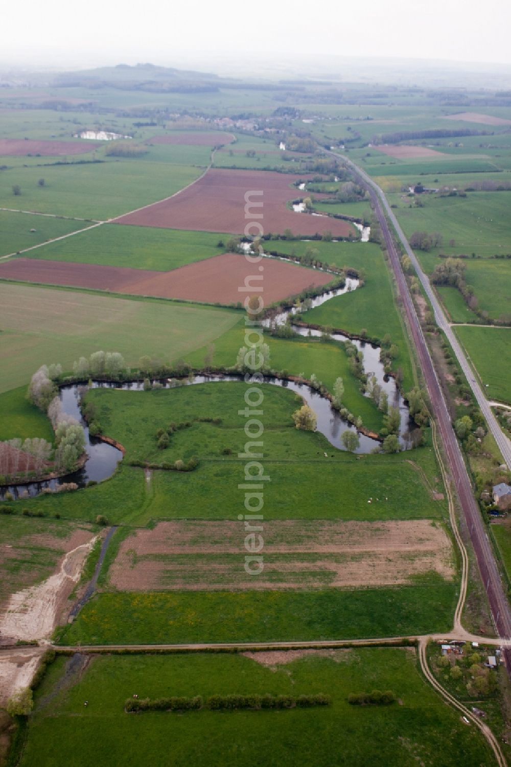 Aerial image Carignan - Curved loop of the riparian zones on the course of the river La Chiers in Carignan in Alsace-Champagne-Ardenne-Lorraine, France