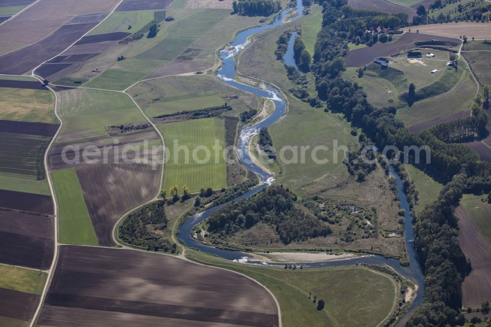 Aerial image Ertingen - Curved loop of the riparian zones on the course of the river Danube in Ertingen in the state Baden-Wurttemberg, Germany