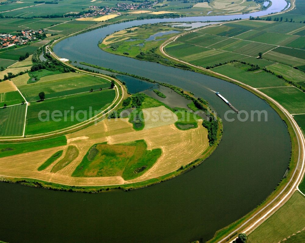 Kirchroth from above - Curved loop of the riparian zones on the course of the river of the river Danube in Kirchroth in the state Bavaria, Germany