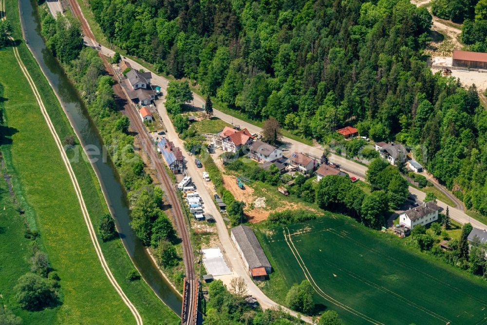 Langenbrunn from above - Curved loop of the riparian zones on the course of the river Danube in Langenbrunn in the state Baden-Wuerttemberg, Germany