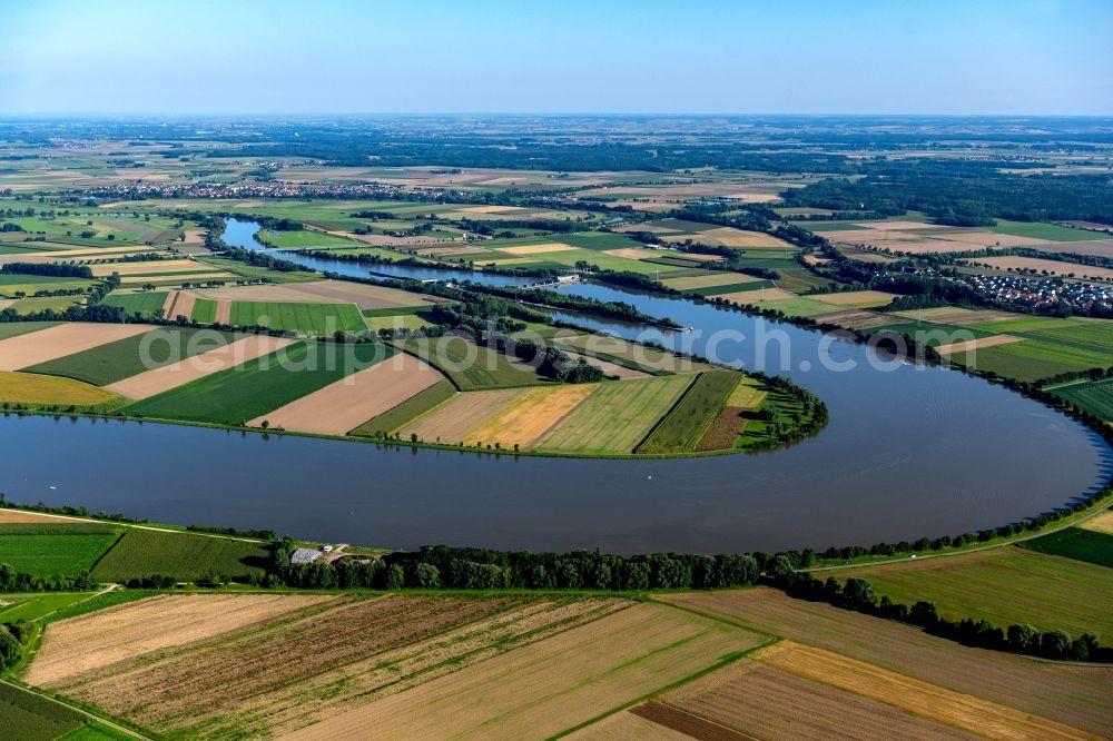 Aerial image Wörth an der Donau - Curved loop of the riparian zones on the course of the river Danube in Woerth an der Donau in the state Bavaria, Germany