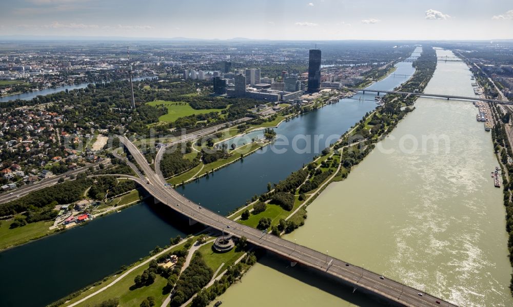 Aerial image Wien - Shore areas of the Danube - channel in Vienna in Austria