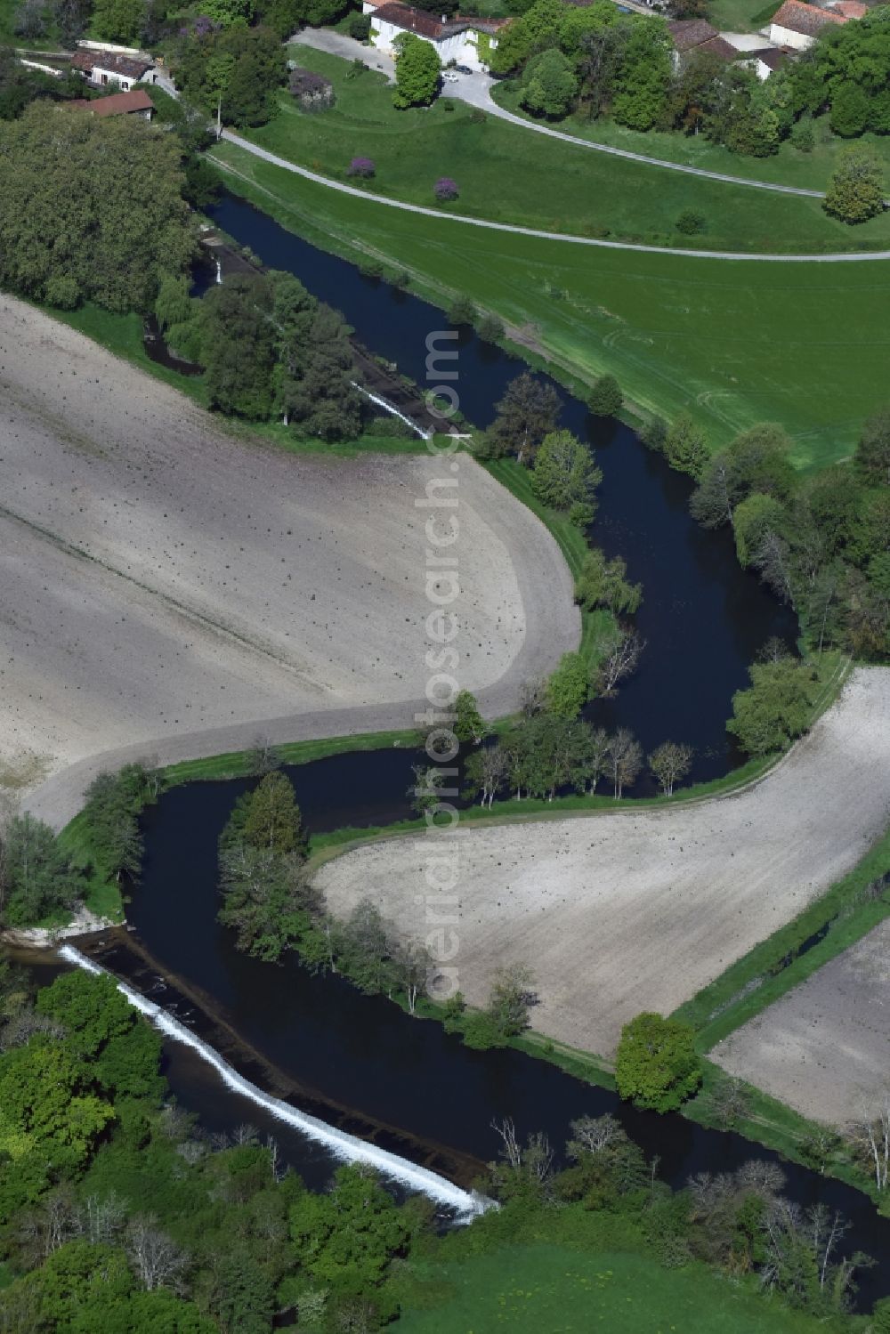 Aubeterre-sur-Dronne from above - Curved loop of the riparian zones on the course of the river Dronne in Aubeterre-sur-Dronne in Aquitaine Limousin Poitou-Charentes, France