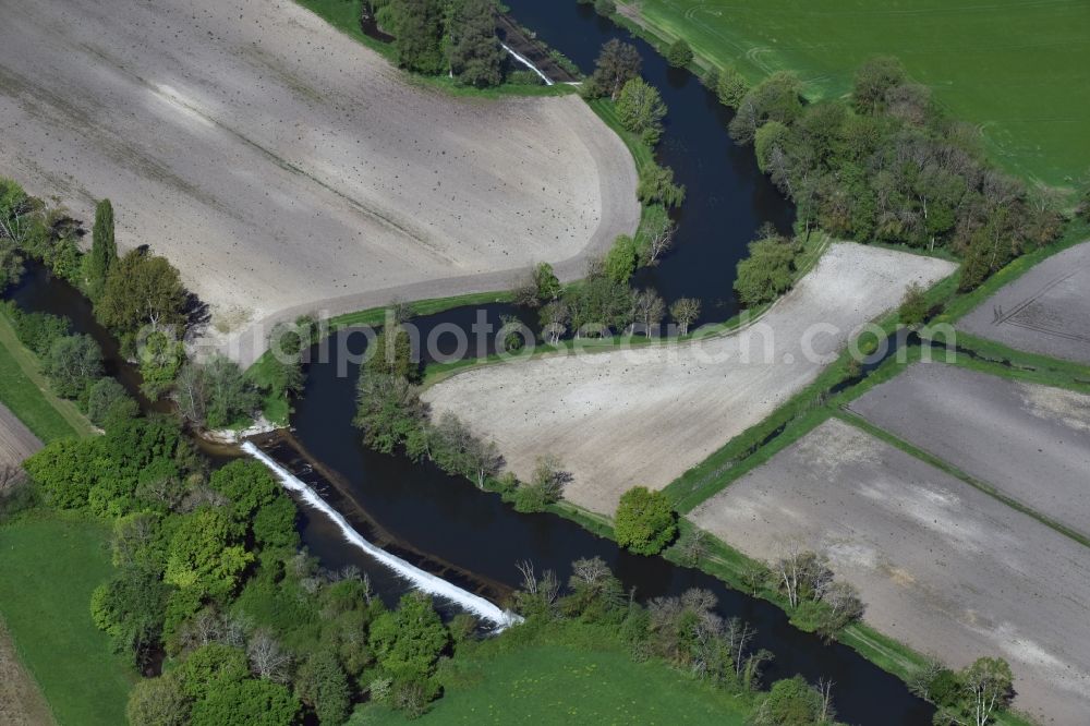 Aerial image Aubeterre-sur-Dronne - Curved loop of the riparian zones on the course of the river Dronne in Aubeterre-sur-Dronne in Aquitaine Limousin Poitou-Charentes, France