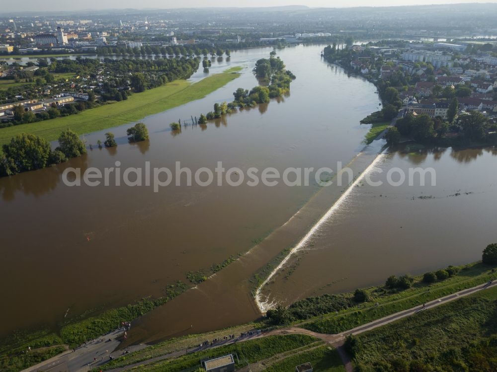 Dresden from the bird's eye view: Shore areas with flooded by flood level riverbed of the River Elbe on street Kaditzer Strasse in the district Uebigau in Dresden in the state Saxony, Germany