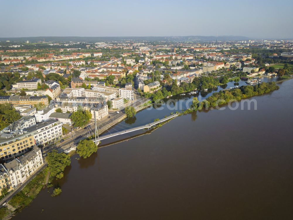 Dresden from above - Bank areas with flooded riverbed of the Elbe at Pieschener Hafen on Leipziger Strasse in the district of Pieschen in Dresden in the federal state of Saxony, Germany