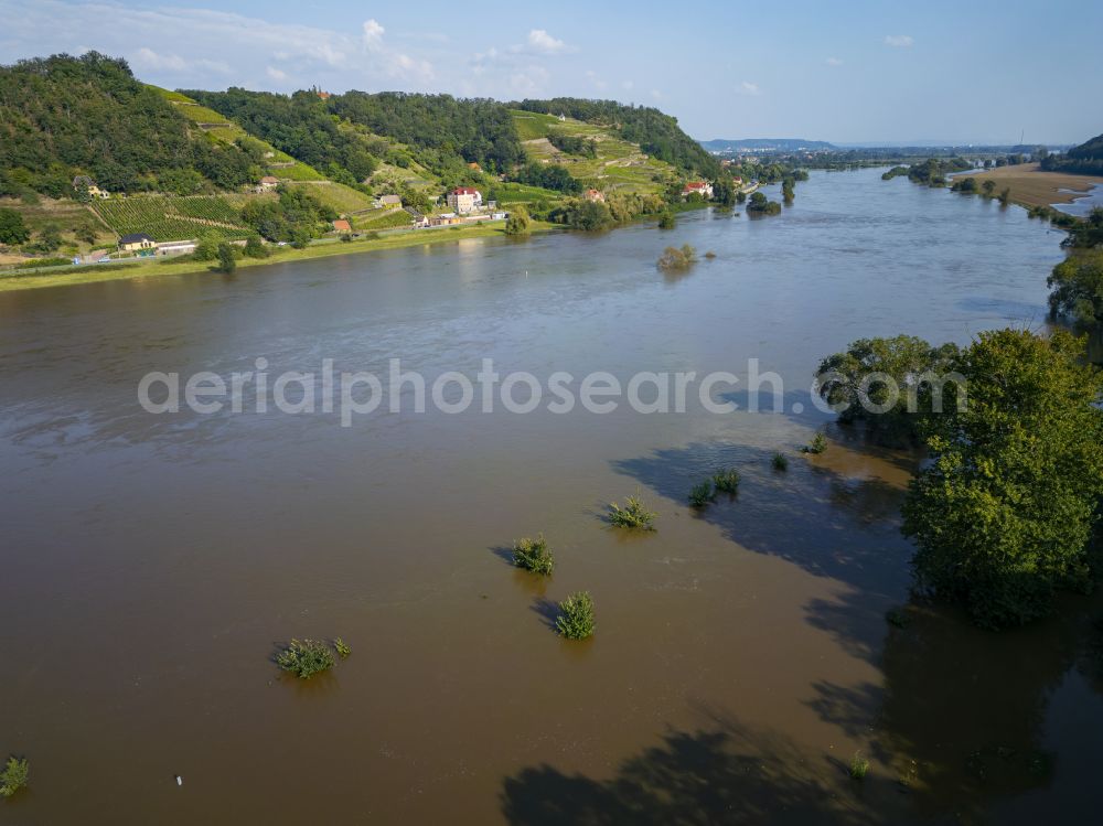 Aerial photograph Scharfenberg - Shore areas with flooded by flood level riverbed of the River Elbe on street Faehrweg in Scharfenberg in the state Saxony, Germany