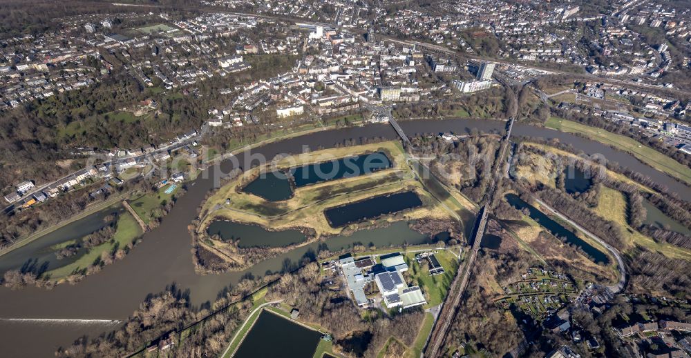 Essen from the bird's eye view: Shore areas with flooded by flood level riverbed the Ruhr in the district Steele in Essen at Ruhrgebiet in the state North Rhine-Westphalia, Germany