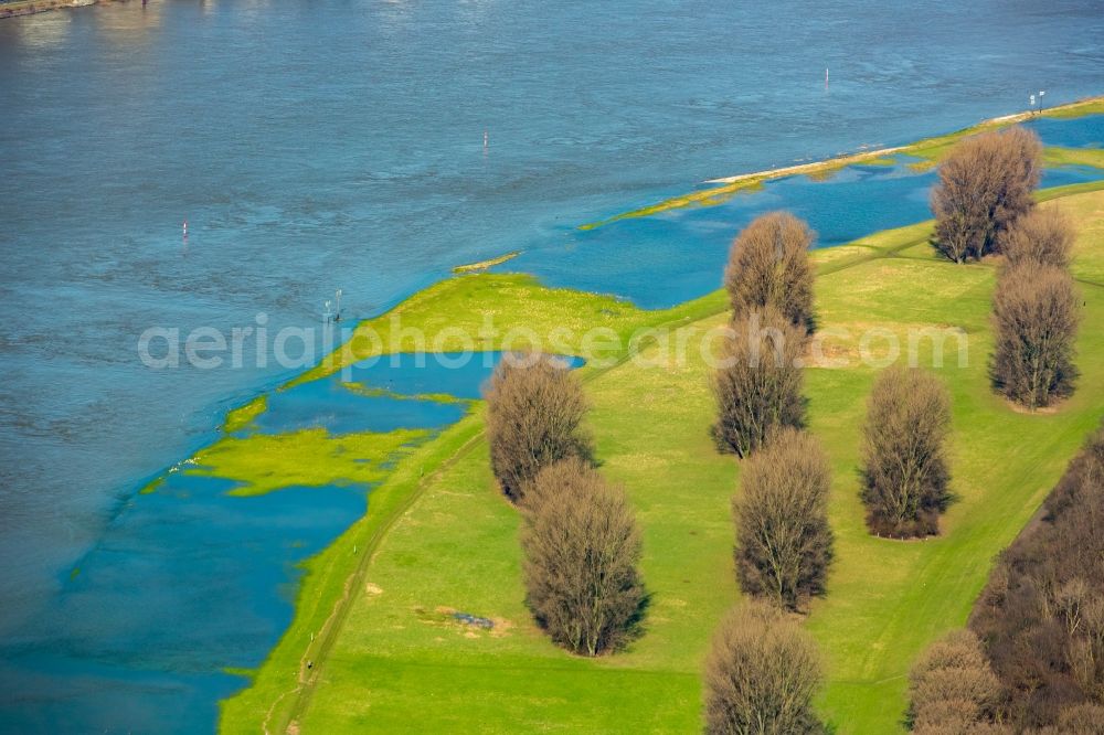 Duisburg from above - Shore areas with flooded by flood level riverbed of Rhine in Duisburg in the state North Rhine-Westphalia