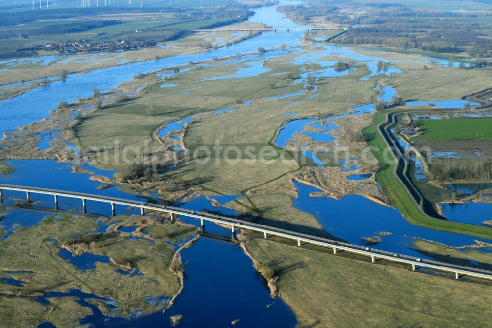 Tangermünde from above - Shore areas with flooded by flood level riverbed on bridge of B188 in Tangermuende in the state Saxony-Anhalt, Germany