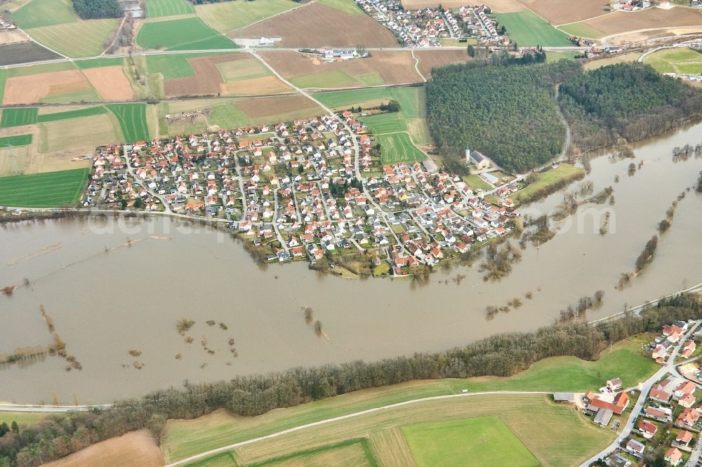 Aerial image Laub - Shore areas with flooded by flood level riverbed of Regen in Laub in the state Bavaria, Germany