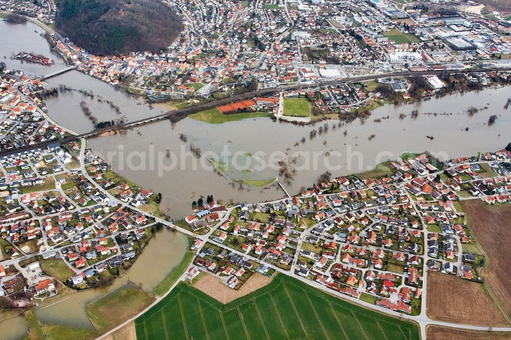 Regenstauf from above - Riverside areas with flood level flooded river bed at the Regenbruecke in Regenstauf in the state of Bavaria, Germany