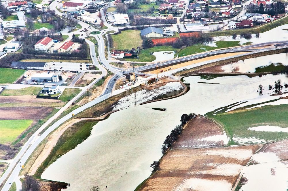 Aerial image Roding - Shore areas with flooded by flood level riverbed of Regen in Roding in the state Bavaria, Germany