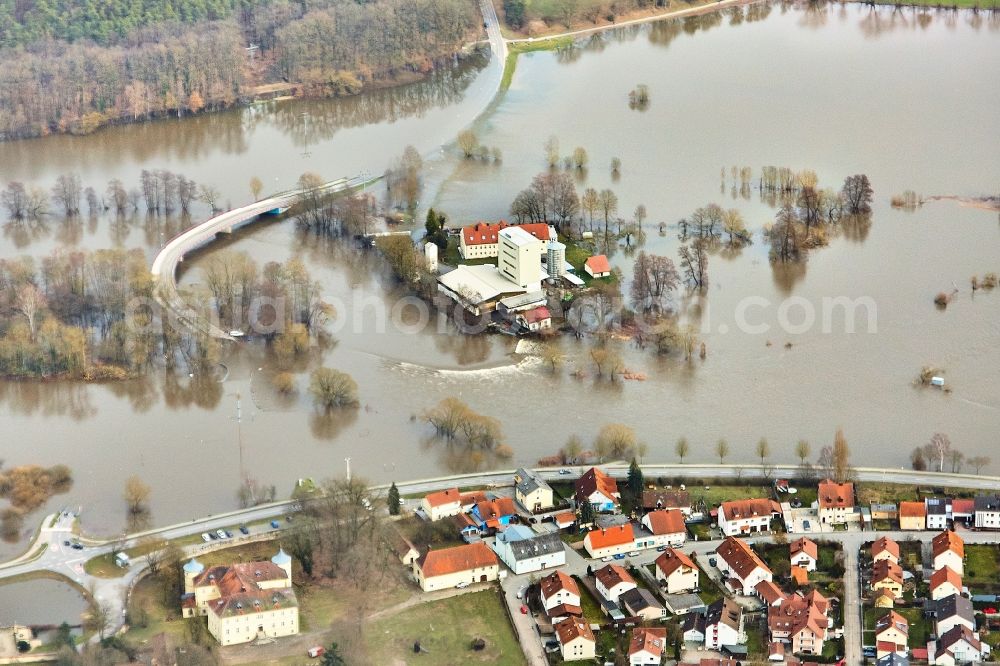 Zeitlarn from above - Riverside areas with flood level of the Regen in the area of the mill at the bridge Regenbruecke in Zeitlarn in the state of Bavaria, Germany