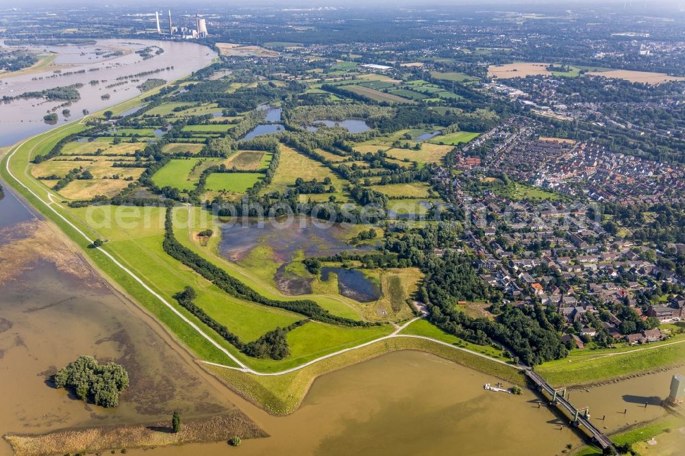 Duisburg from the bird's eye view: Shore areas with flooded by flood level riverbed of the Rhine river at the bridge Koenigstrasse in Walsum in the state North Rhine-Westphalia, Germany