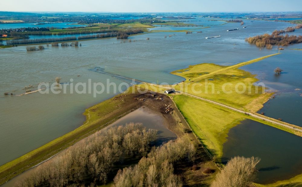 Aerial image Wesel - Shore areas with flooded by flood level riverbed of Rhine in Wesel in the state North Rhine-Westphalia