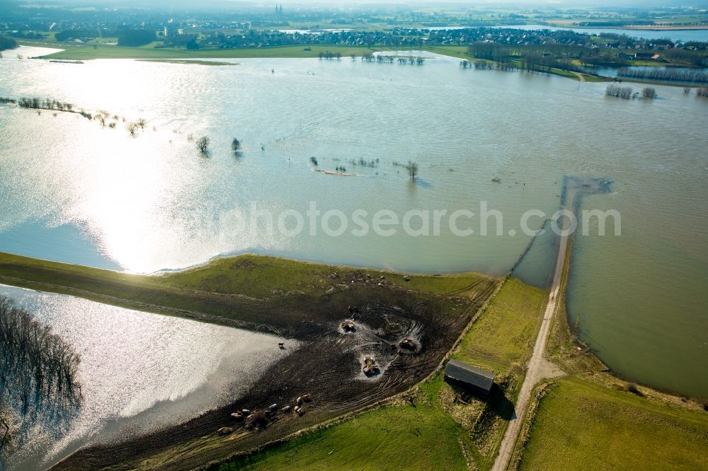 Aerial photograph Wesel - Shore areas with flooded by flood level riverbed of Rhine in Wesel in the state North Rhine-Westphalia