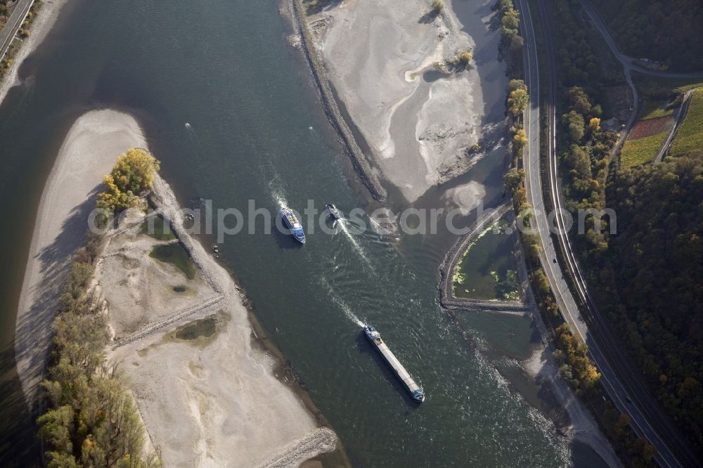 Bacharach from above - Shore areas exposed by low-water level riverbed on the Rhine river in Bacharach in the state Rhineland-Palatinate, Germany