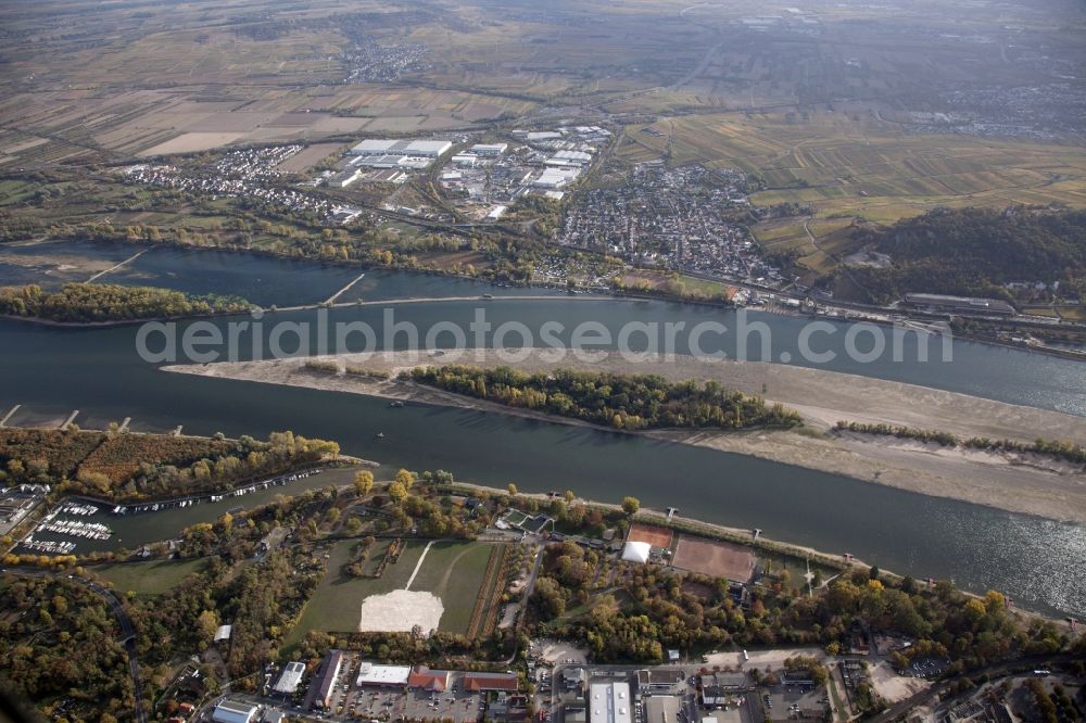 Aerial image Geisenheim - Shore areas exposed by low-water level riverbed on the Rhine river in Geisenheim in the state Hesse, Germany