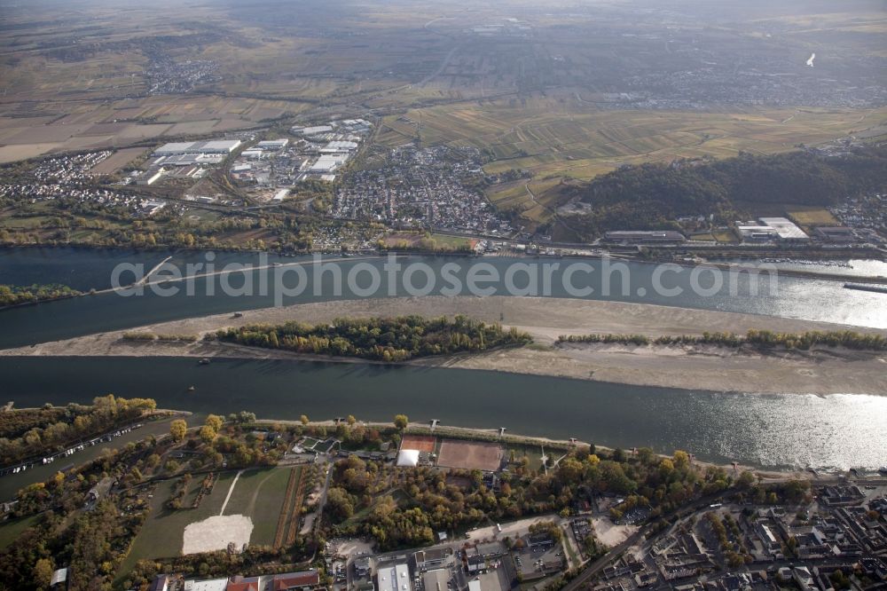 Aerial photograph Geisenheim - Shore areas exposed by low-water level riverbed on the Rhine river in Geisenheim in the state Hesse, Germany