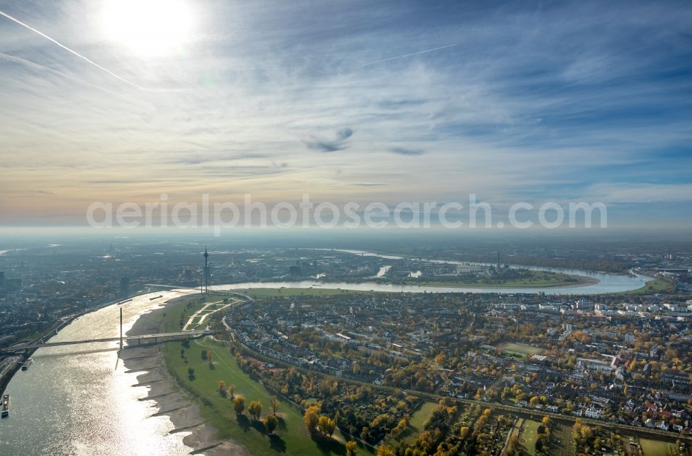 Düsseldorf from above - Shore areas exposed by low-water level riverbed of the Rhine river in Duesseldorf in the state North Rhine-Westphalia, Germany