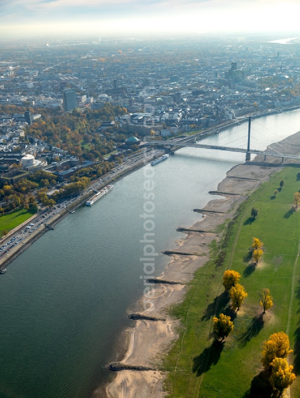 Düsseldorf from above - Shore areas exposed by low-water level riverbed of the Rhine river in Duesseldorf in the state North Rhine-Westphalia, Germany