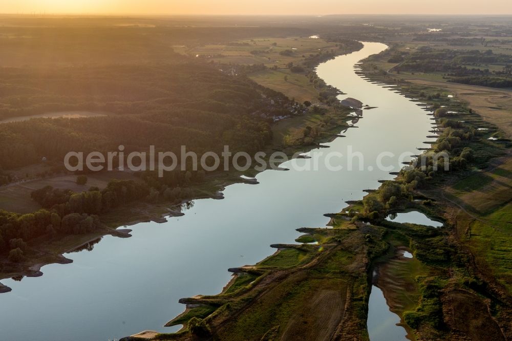 Amt Neuhaus from above - Shore areas exposed by low-water level riverbed of the River Elbe in Amt Neuhaus in the state Lower Saxony, Germany