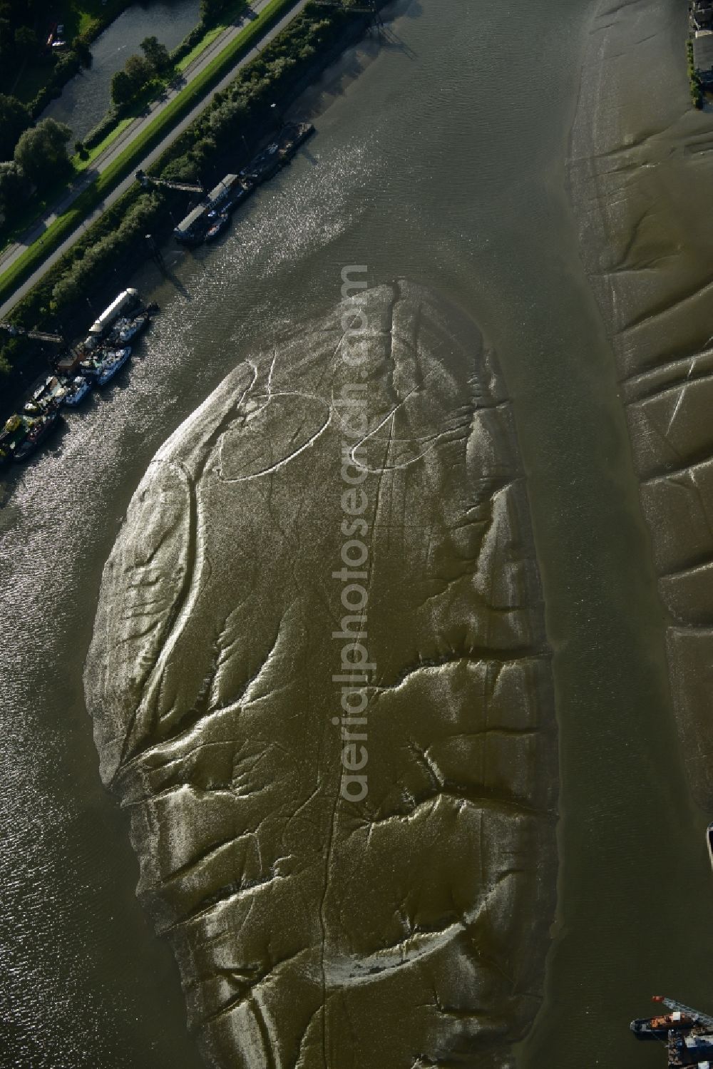 Aerial image Hamburg - Shore areas exposed by low-water level riverbed the Elbe in the harbor basin of Spreehafen in Hamburg in Germany