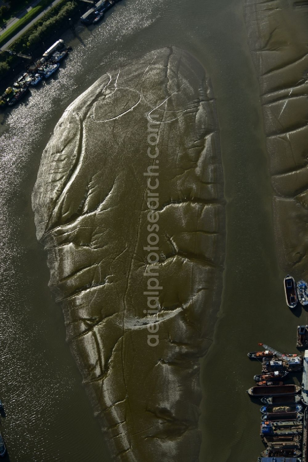 Hamburg from above - Shore areas exposed by low-water level riverbed the Elbe in the harbor basin of Spreehafen in Hamburg in Germany