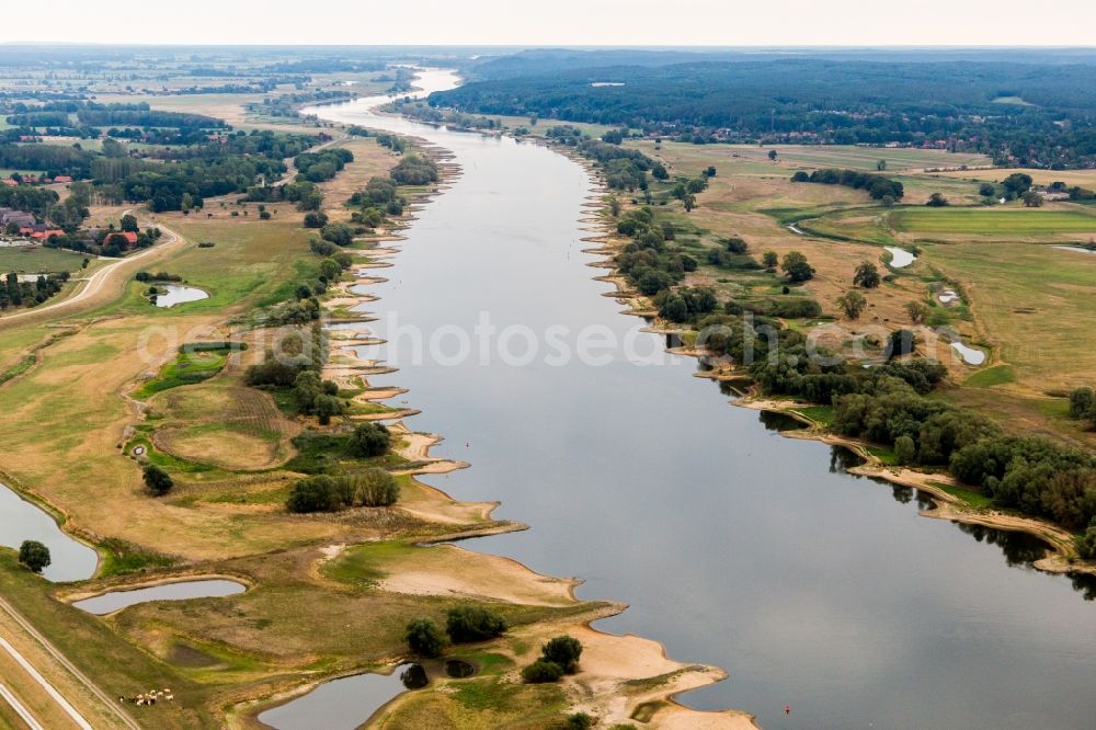 Neu Darchau from above - Shore areas exposed by low-water level riverbed of the River Elbe in Neu Darchau in the state Lower Saxony, Germany