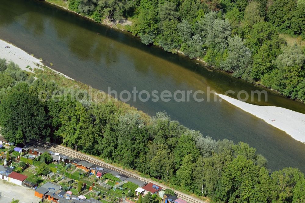 Aerial image Augsburg - Shore areas exposed by low-water level riverbed of Lech in Augsburg in the state Bavaria