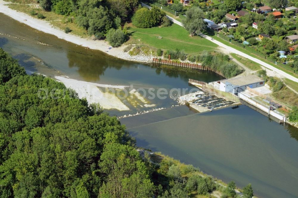 Augsburg from above - Shore areas exposed by low-water level riverbed of Lech in Augsburg in the state Bavaria