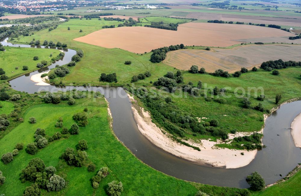 Bad Düben from above - Shore areas exposed by low-water level riverbed of Mulde in Bad Dueben in the state Saxony, Germany