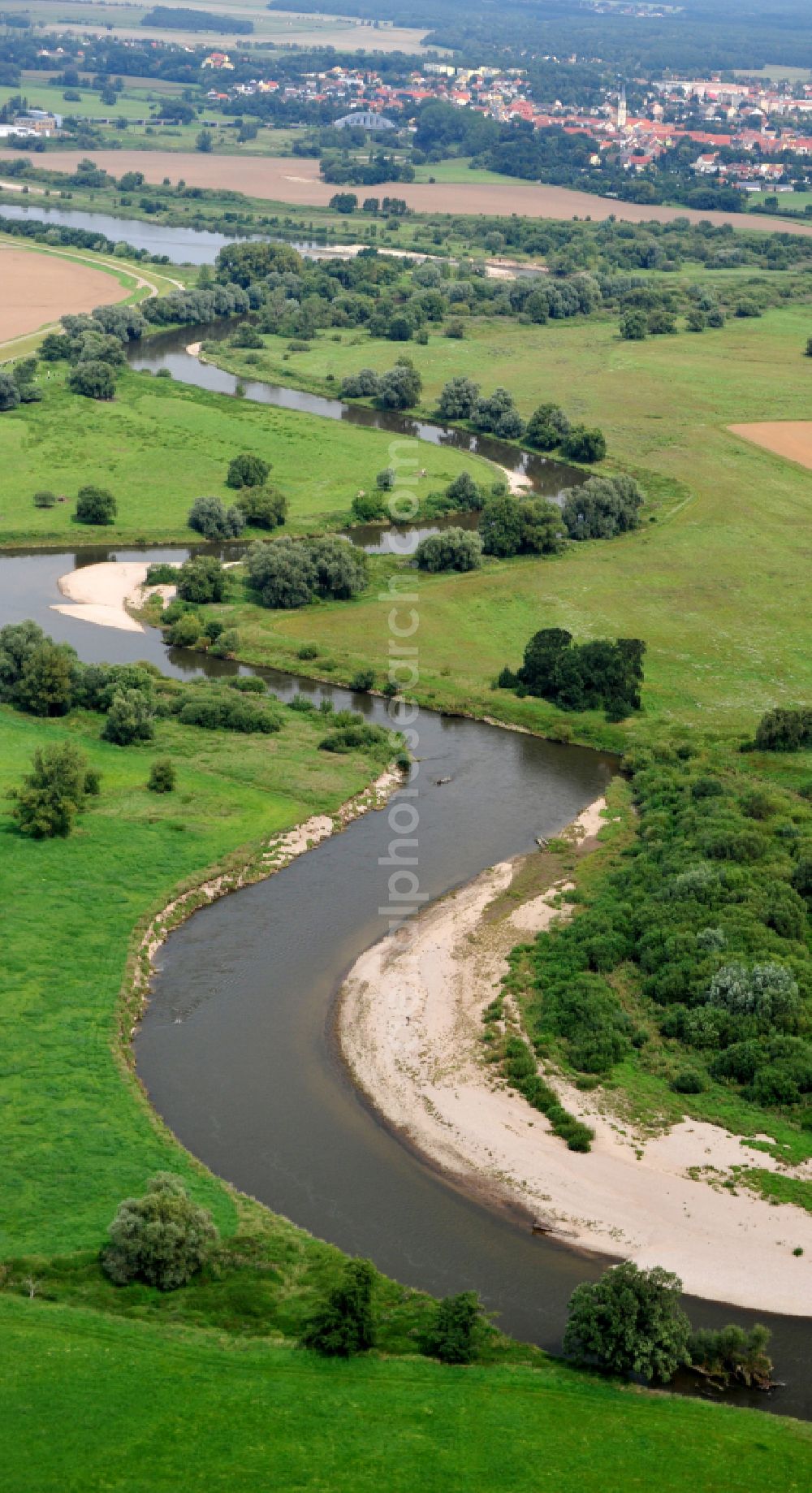 Aerial image Bad Düben - Shore areas exposed by low-water level riverbed of Mulde in Bad Dueben in the state Saxony, Germany