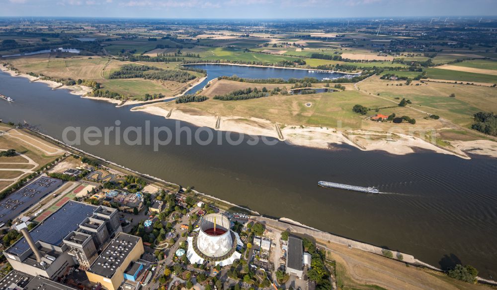 Rees from above - Shore areas exposed by low-water level riverbed of the Rhine river in Rees in the state North Rhine-Westphalia, Germany