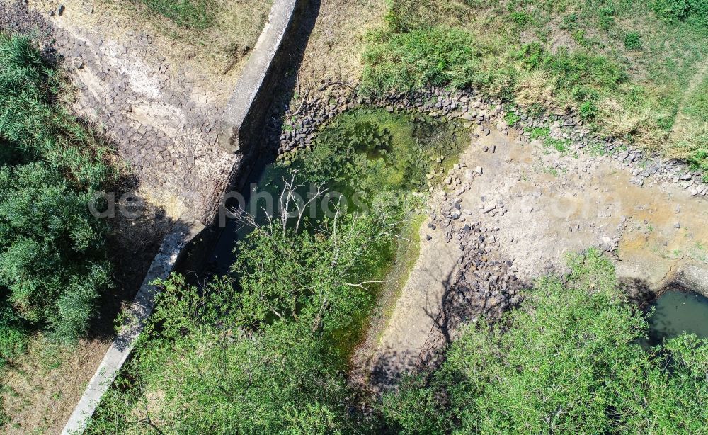 Senftenberg from above - Shore areas exposed by low-water level riverbed Schwarze Elster in Senftenberg in the state Brandenburg, Germany