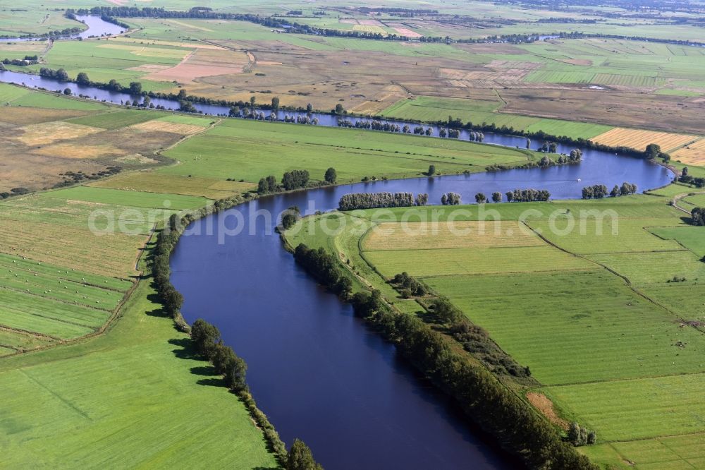 Bergewöhrden from above - Curved loop of the riparian zones on the course of the river Eider in Bergewoehrden in the state Schleswig-Holstein