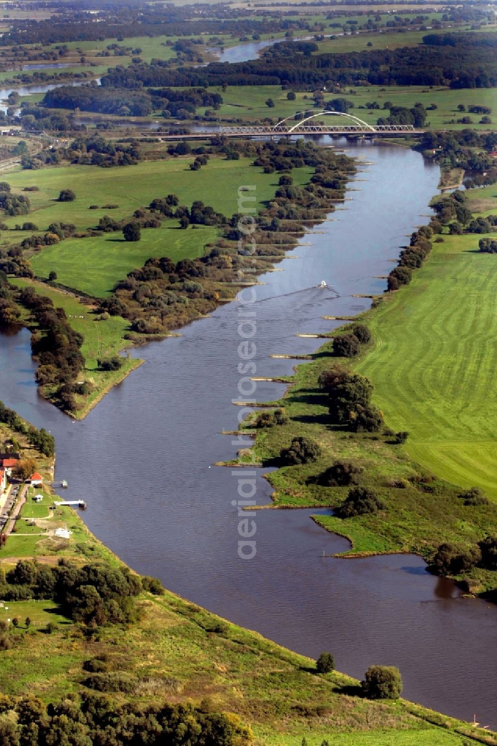 Lutherstadt Wittenberg from above - Curved loop of the riparian zones on the course of the river Elbe in Lutherstadt Wittenberg in the state Saxony-Anhalt, Germany