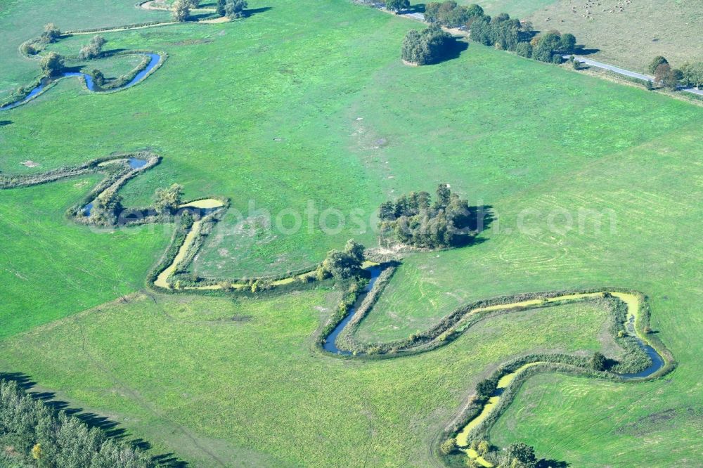 Raduhn from above - Curved loop of the riparian zones on the course of the river of Elde in Raduhn in the state Mecklenburg - Western Pomerania, Germany