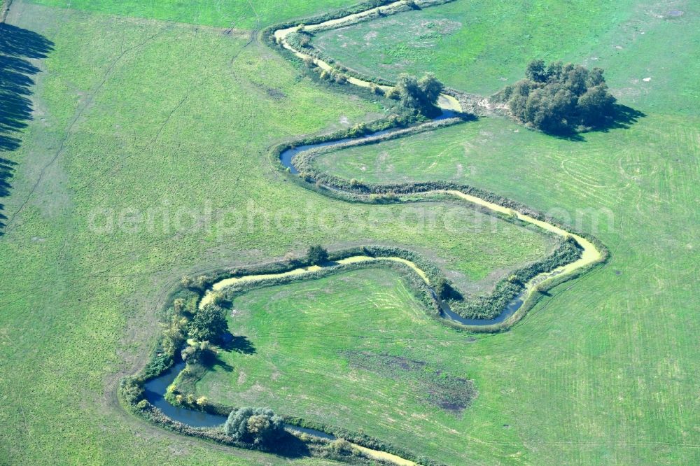 Aerial image Raduhn - Curved loop of the riparian zones on the course of the river of Elde in Raduhn in the state Mecklenburg - Western Pomerania, Germany