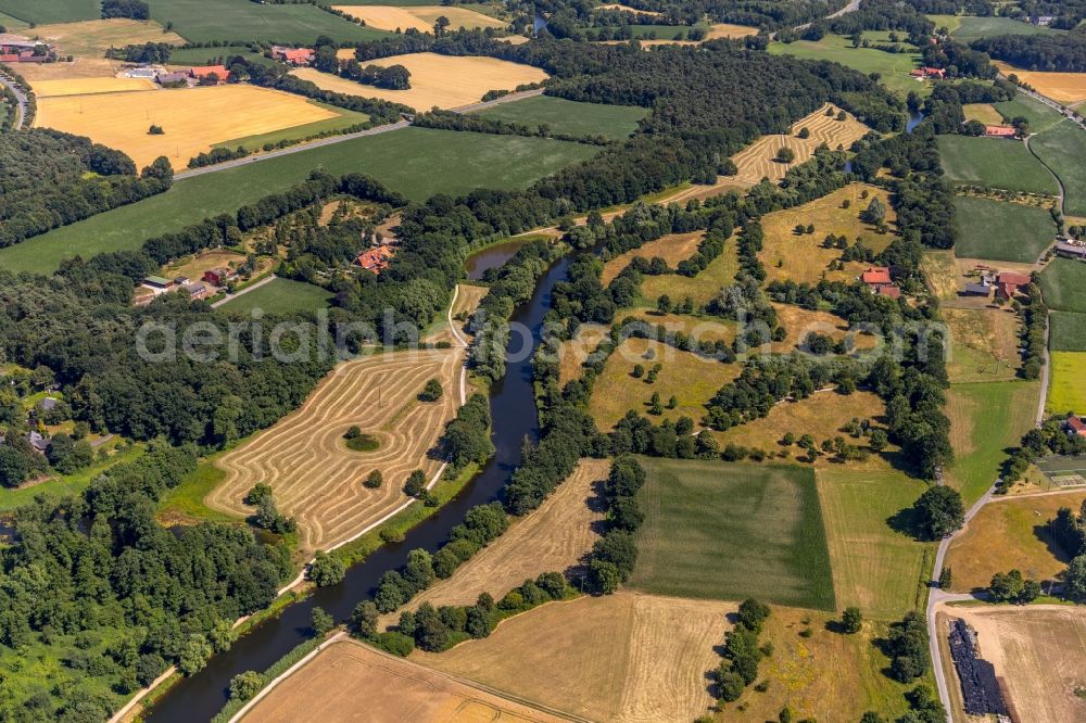 Telgte from above - Curved loop of the riparian zones on the course of the river of Ems in Telgte in the state North Rhine-Westphalia, Germany