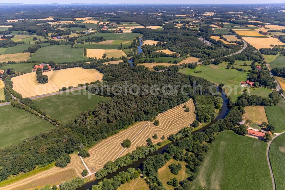 Telgte from the bird's eye view: Curved loop of the riparian zones on the course of the river of Ems in Telgte in the state North Rhine-Westphalia, Germany